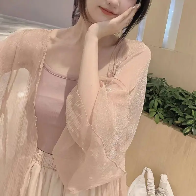 Women Summer New Chinese Style Elegant Loose Bright Silk Solid Color Sunscreen Chiffon Shirts Ladies Casual Long Sleeve Tops