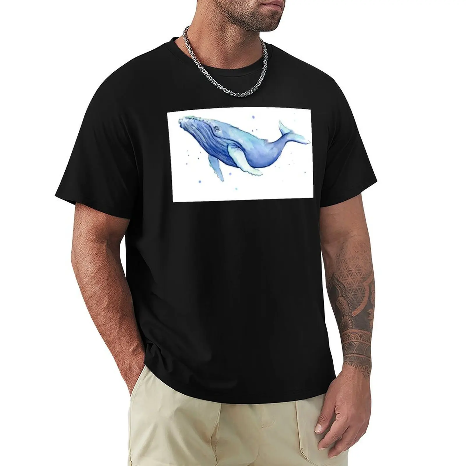 Humpback Whale Blue Watercolor Painting T-Shirt oversizeds boys animal print custom shirt anime clothes tshirts for men