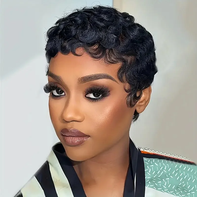 Remy Short Chioma Wavy Pixie Curl Human Hair Machine Made Wig For Black Women