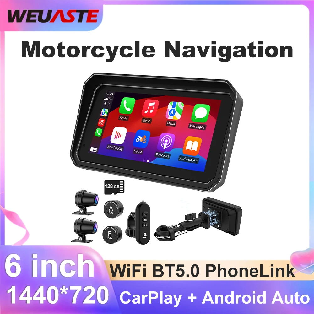 Grabadora de navegación CarPlay inalámbrica Para motocicleta de 6 pulgadas, pantalla de presión de neumáticos, GPS Para Moto Android, accesorios IP67 para moto