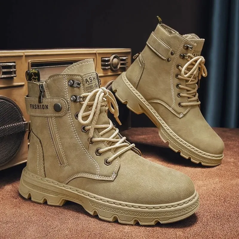 Mens Boots Fashion Casual High Top Booties High Quality Leather Short Boot Men Motorcycle Booties Laced Ankle Boots Botas Hombre