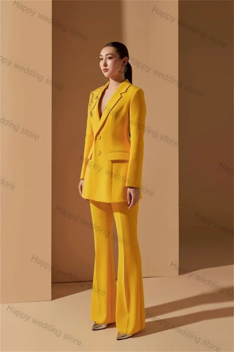 Crystal Yellow Women Suit Set 2 Piece Blazer+Flare Pants Formal Office Lady Wedding Tuxedo Prom Jacket Custom Made Coat Trousers