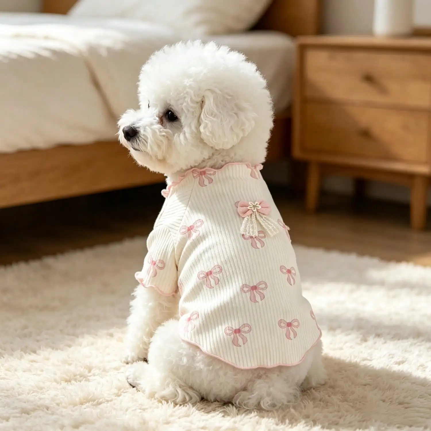 Niedliches Hundet-Shirt mit Schleifendruck und Rüschen, Weiches Geripptes Kurzarm-Oberteil mit Spitzenschleifendekor für Welpen Kleiner Rassen wie Bichon und Teddy – Detail 8