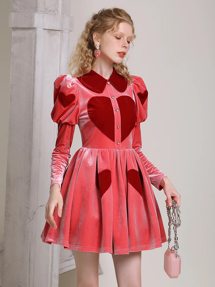 Velvet Love Party Dress Spring Fashion Design Sweet Style Peter Pan Collar Dresses Women Slim Waist Full Sleeve Evening Vestidos