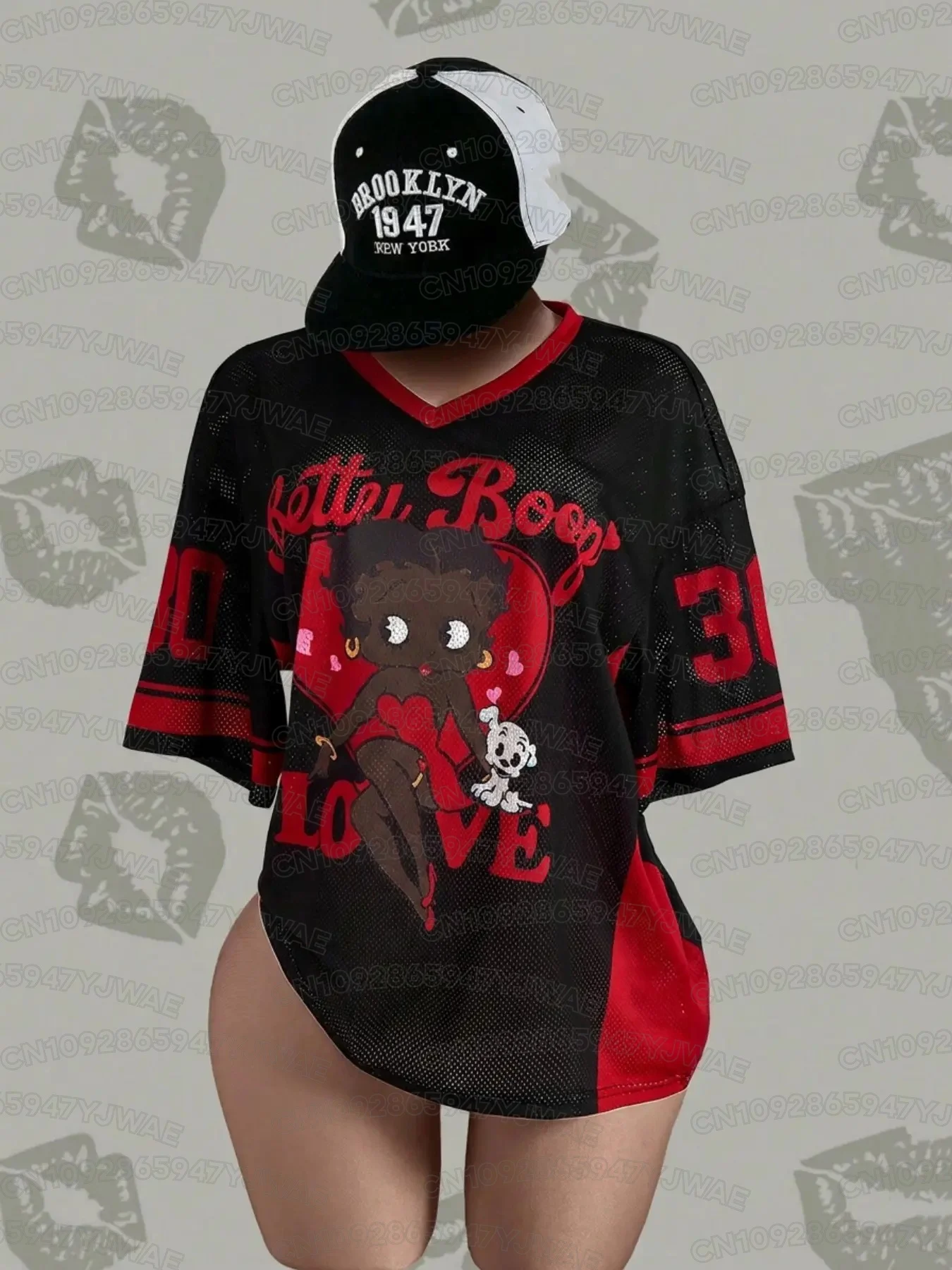 Sommer Damen- und Herren-T-Shirt mit Cartoon-Betty-Boop-Print, V-Ausschnitt, Grafik-Design, Fußballtrikot, Übergröße, Sport-T-Shirt, Kurzarm-T-Shirt – Detail 6