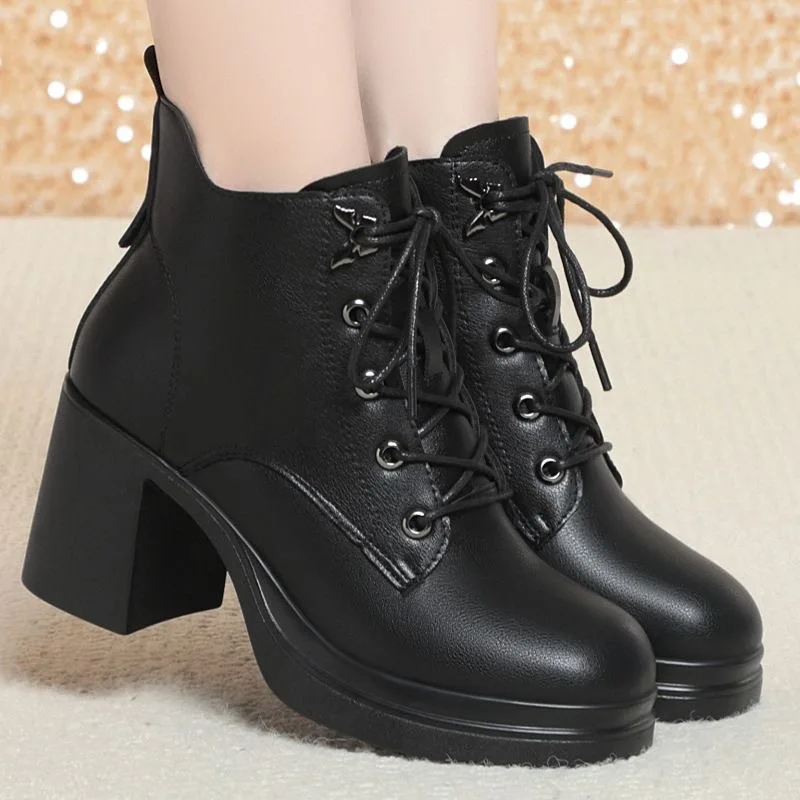 7 cm Retro Komfortable Block High Heel Schuhe Herbst Winter 2025 Elegante Weiche Leder Stiefel Knöchel Motorrad Botas Büro Mama arbeit