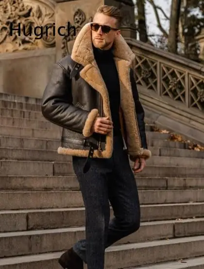 Fashion Men Faux Leather Pilot Jacket Furry Shearling Collar Zip Front Belted Winter Bomber Outer Coat