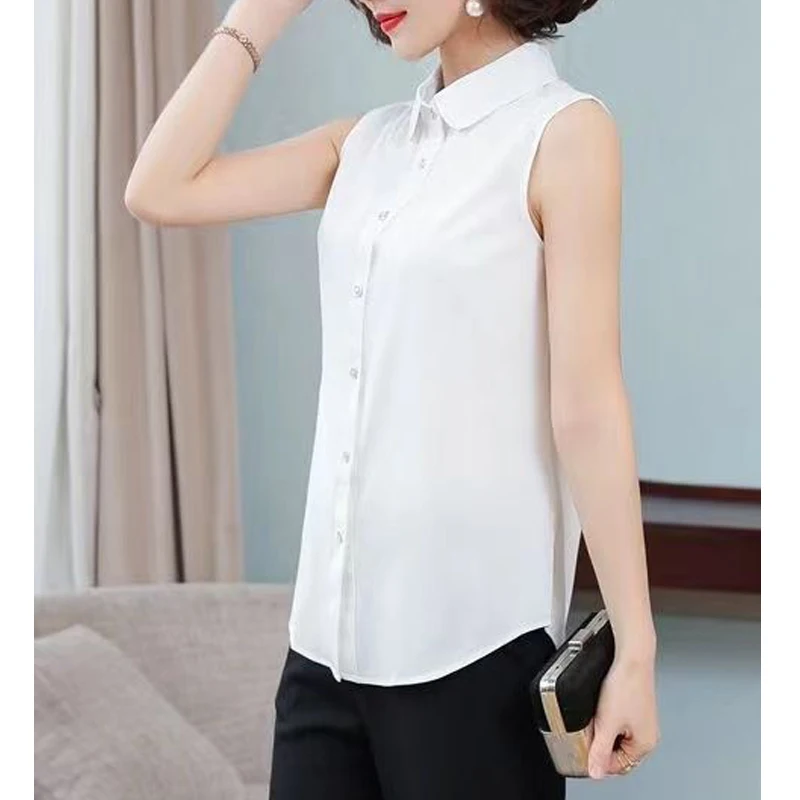 2024 Summer Women\'s Fashion Sleeveless Elegant Button Up Shirt Office Lady Black White Business Casual Turn Down Collar Blouse