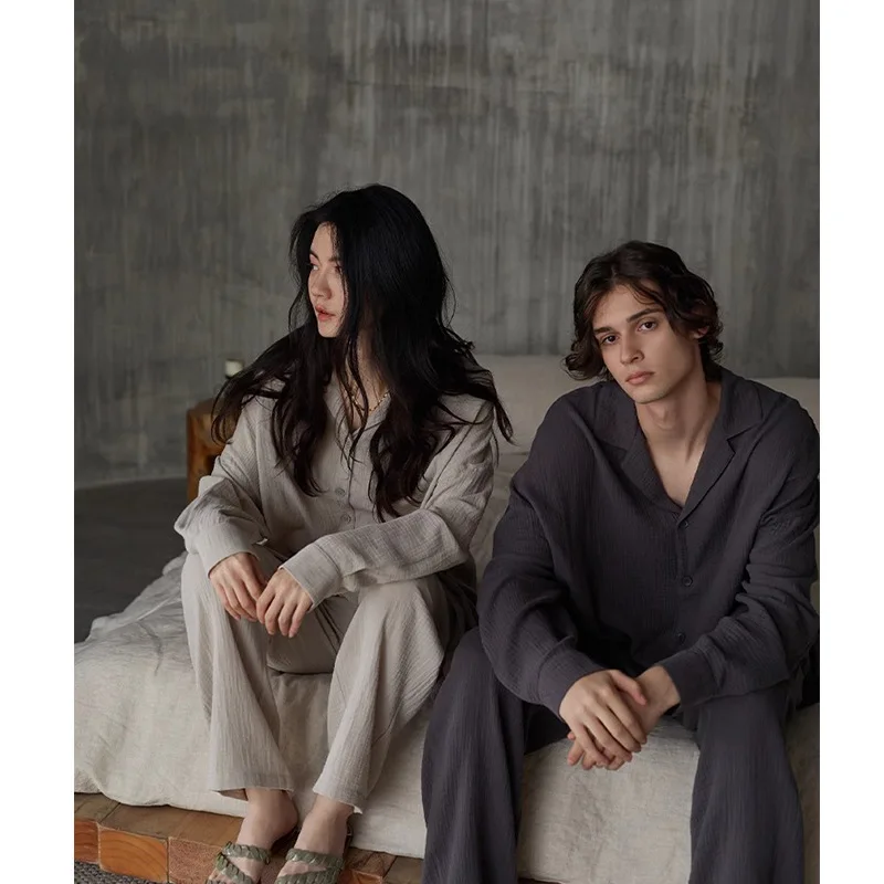 2024 New Couple Pajamas Long-sleeved Cotton Thin Loungewear Women\'s Simple and Loose Can be Worn Outside Casual Suits