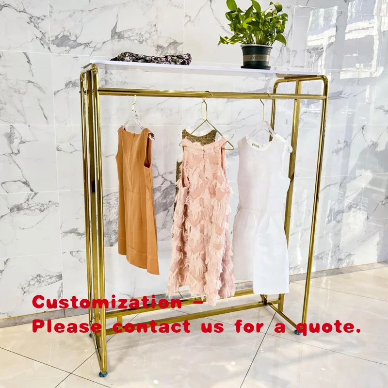 custom.Wholesales Floor Double Clothes Hanging Rail Stand Shelves Metal Frame Garment Stand Middle Stores Gold Clothing Rack