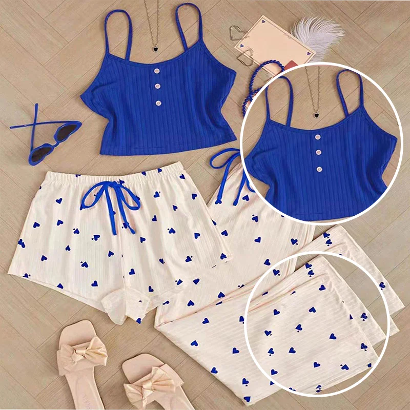 Three Piece Women's Printed Pajama Set with Heart-Shaped Printed Vest Shorts and Pants Cute Casual Women's Pajama Set