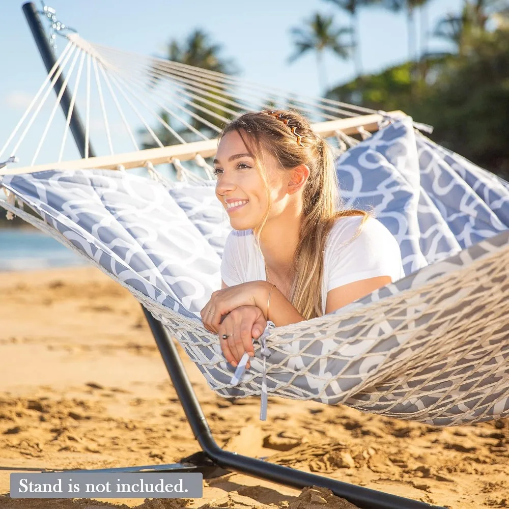 SUNCREAT tempat tidur gantung tugas berat dengan batang penyebar kayu keras, tempat tidur gantung tali ganda dengan bantalan poliester