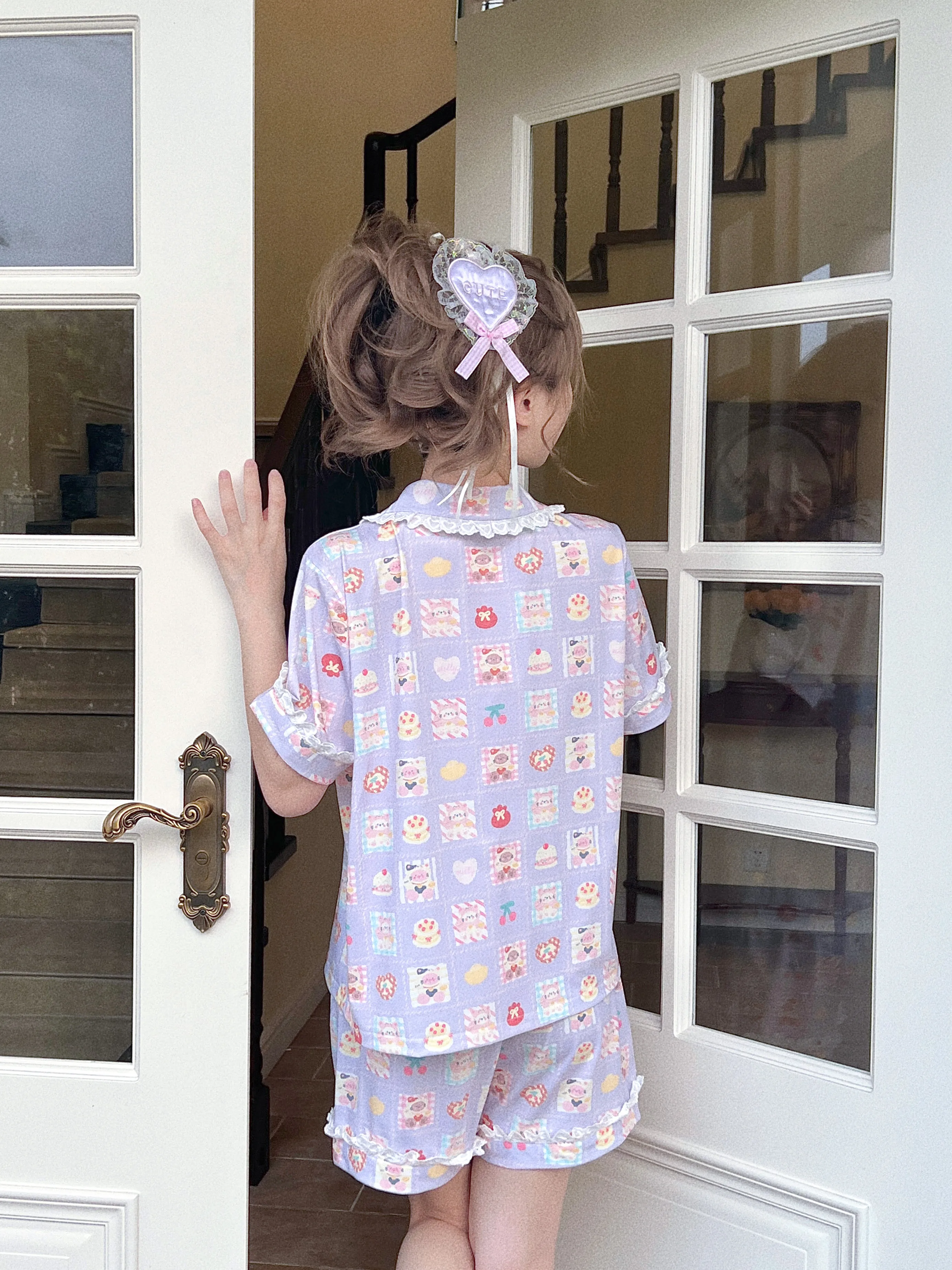 Original Japanese Ins Wind Purple Plaid Cute Short-sleeved Printed Pajamas Sweet Girl Doll Collar Modal Cotton Loungewear Set