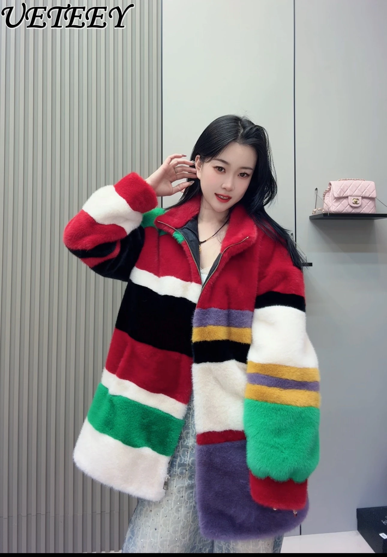 

Winter New Color-Block Mid-Length Faux Fur Coat Elegant Versatile Fashion Thickened Warm Stylish Zipper Overcoat for Women