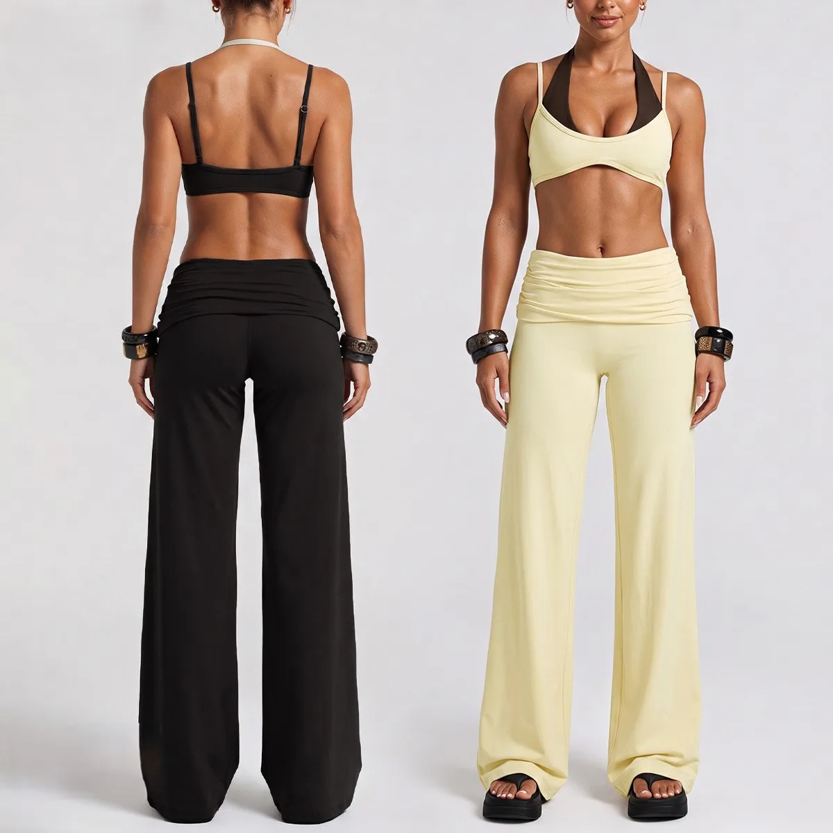 Yoga Set Halter Fake Two Piece Adjustable Straps Sport Bra Quick Dry Running Gym Workout Long Pants Suit Women Fitness