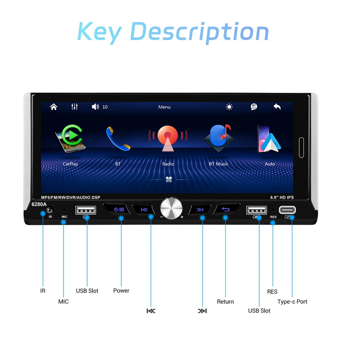 6.9In Android13 Car Radio 1Din Multimedia Player 2G+64G GPS Stereo WIFI Bluetooth Carplay Android Auto FM/RDS Car Stereo