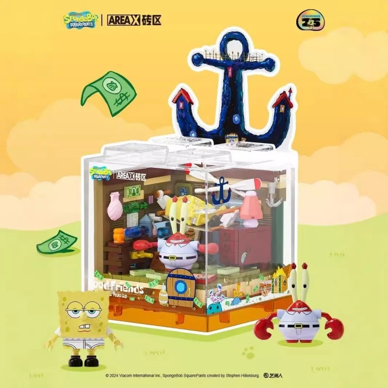 Kotak Asli DIY Anime SpongeBob SquarePants Rakitan Blok Bangunan Model Figur Mainan Krusty Krab Anchor House Hadiah Anak-anak