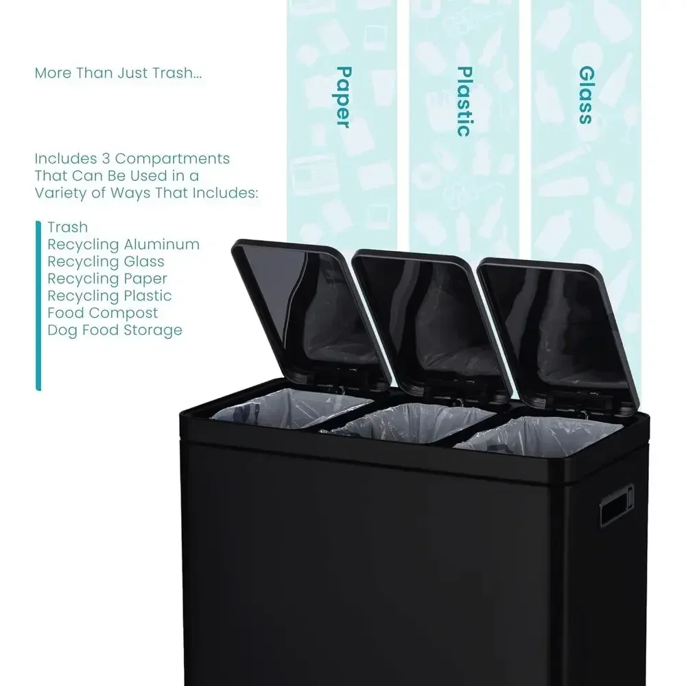 60L Triple Compartment Stainless Steel Matte Black Kitchen Trash Bin