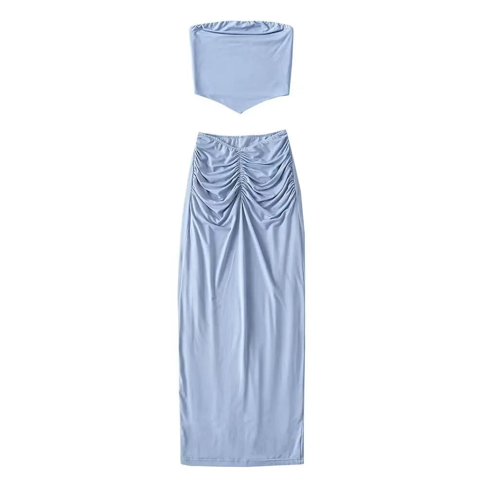 

Сексуальный облегающий укороченный топ и длинная юбка с высокой талией и разрезом для женщин, летний модный наряд со складками, ансамбль из двух предметов