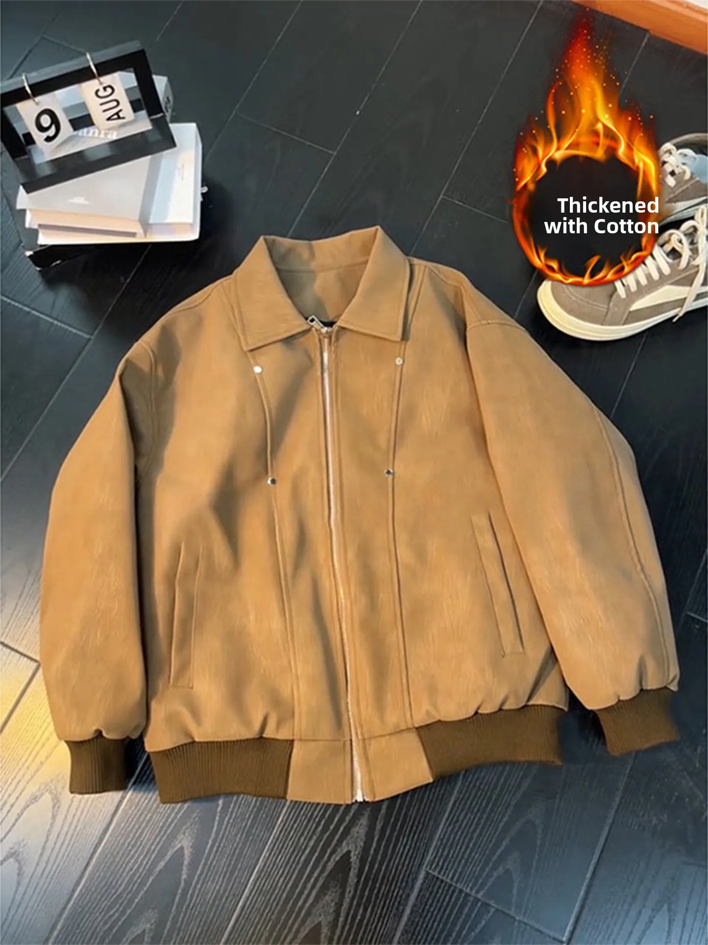 

Cleanfit Brown PU Leather Jaet Men's Thiened Cotton Jaet American Retro Collar Zipper Splicing Autumn Winter Coat