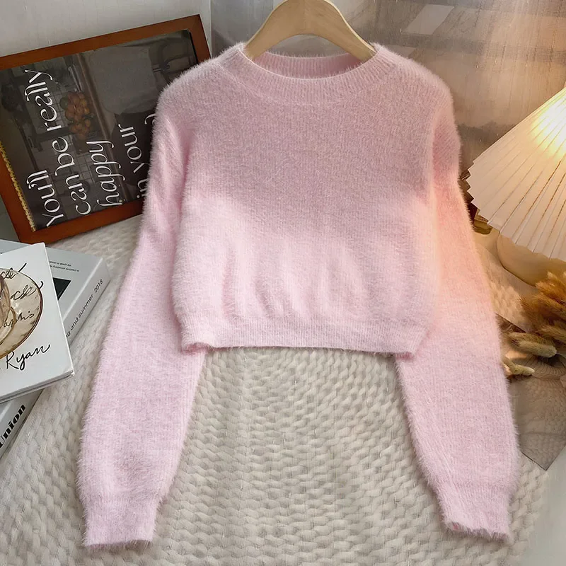 Thick Soft Faux Mink Fur O-Neck Sweater Women Suitable For Autumn Winter Base Layer Slim Long Sleeved sweater