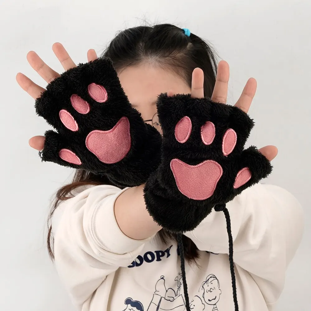 2 pezzi set guanti per zampe di gatto inverno Cute Cartoon Girl Open Finger guanti Bell Headband Fox Cat Ear Headwear