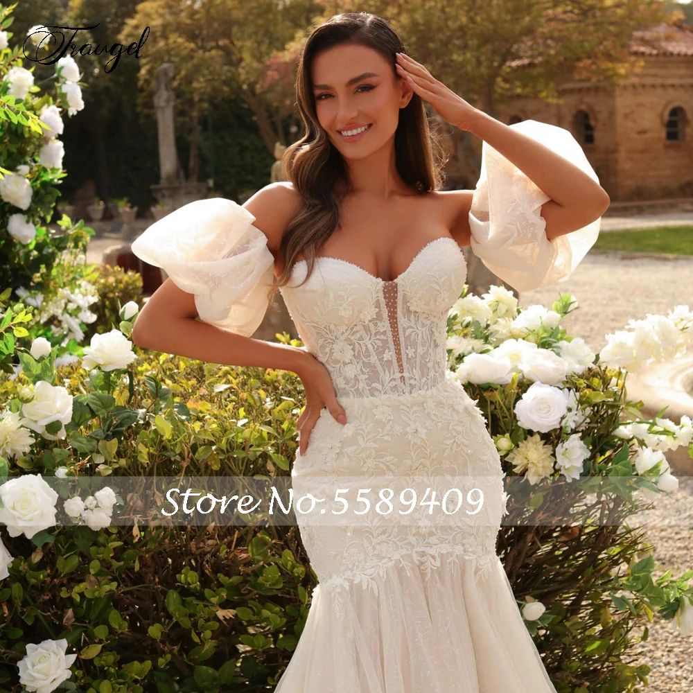 Traugel Mermaid Charming Wedding Dresses Strapless Lantern Sleeve Vestido De Novia Embroidery Appliques Sexy Robe De Mariee