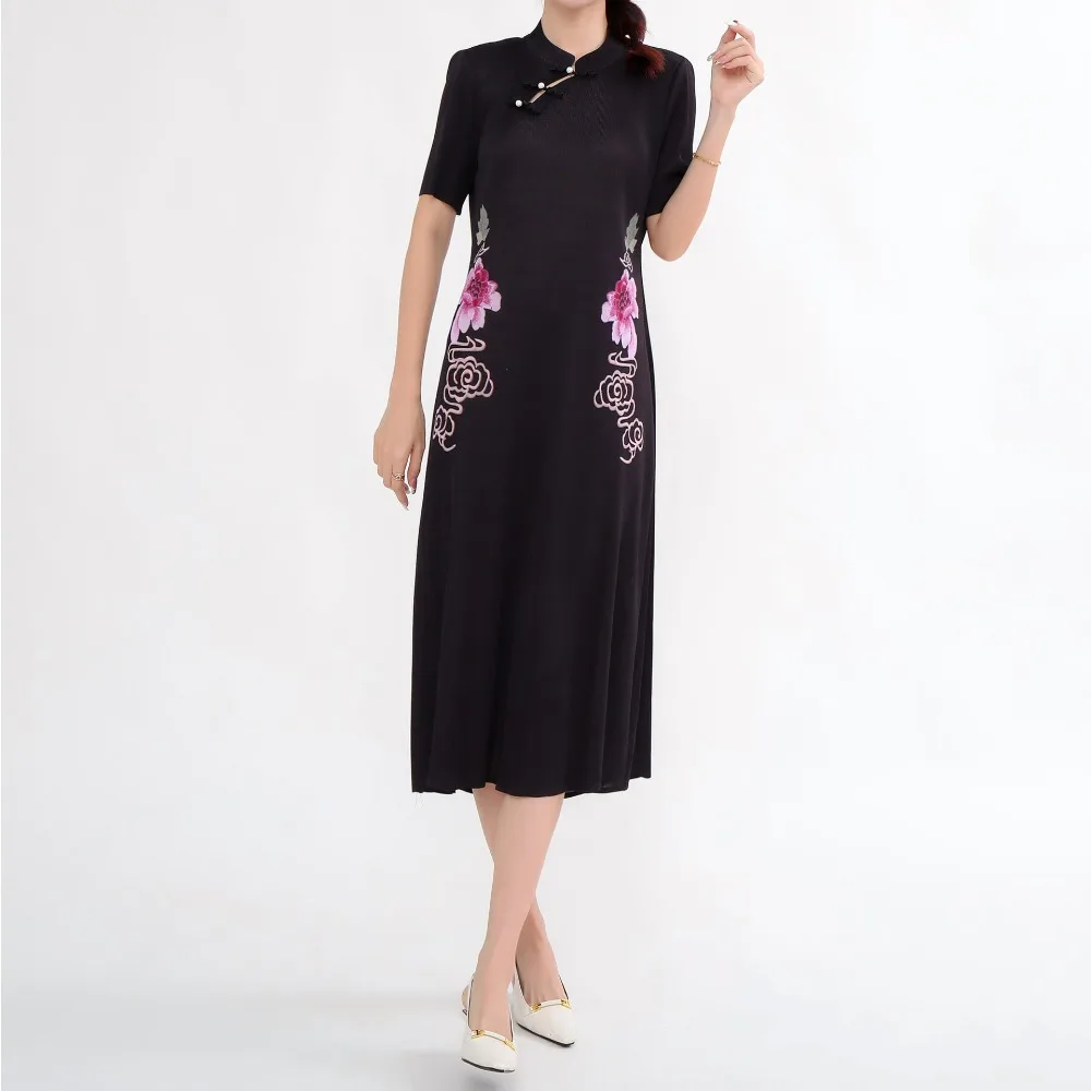 

Pleats Original Pleated Printed Cheongsam 2024 Summer New Tide Waist Thin Loose Long Skirt Niche Personality Slim Women Clothing