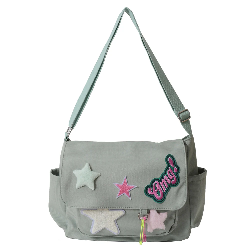 Women Cute Messenger Bag Large Capacity Canvas Lovely Shoulder Bag Star Letter Applique Candy Color Leisure Travel Outdoor Bag