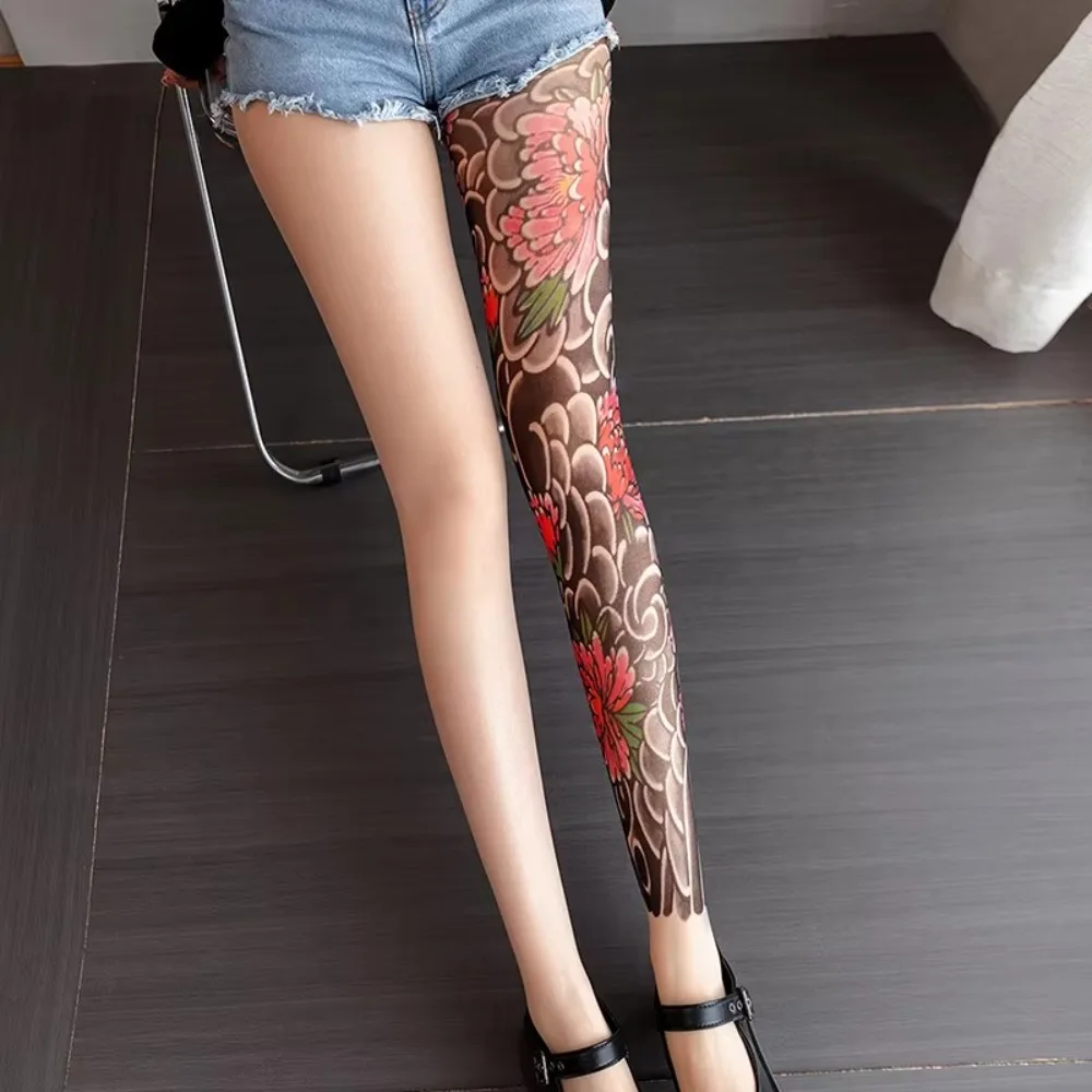 Fashion Sexy Printed Women's Tights Stockings Fake Tattoo Perspective Peony Pantyhose Mesh Leggings Nylon Socks Women