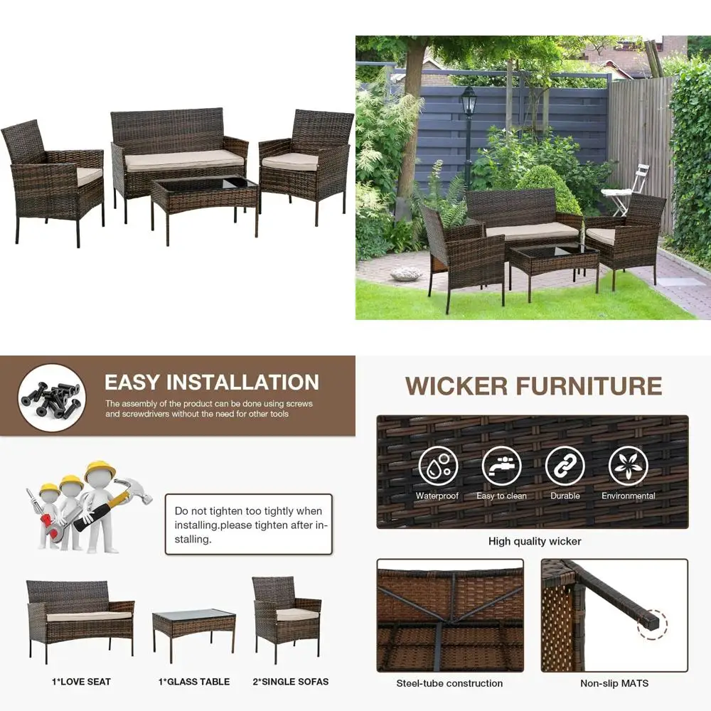 

4-Piece Outdoor Indoor Rattan Wicker Furniture Set for Backyard, Lawn, Porch, Garden, Balcony, Brown