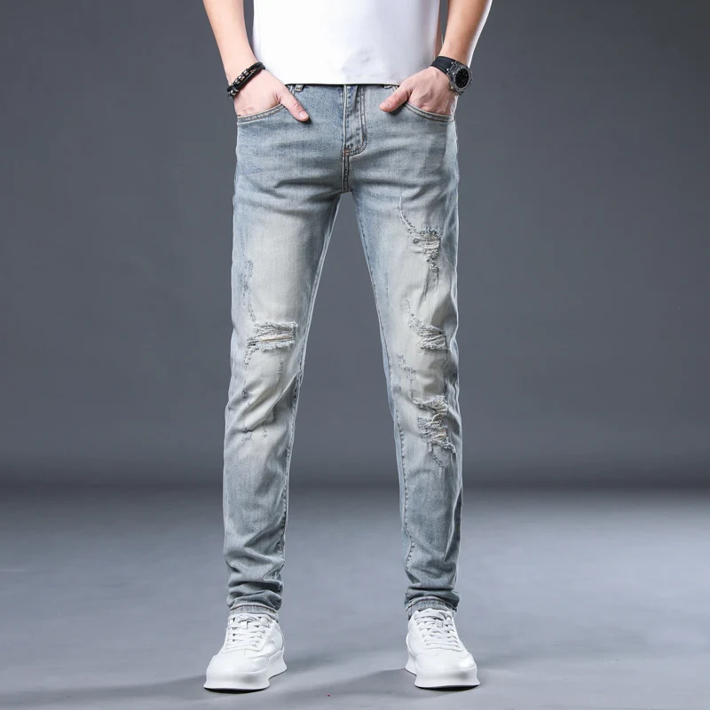 spring and autumn retro slim fit small foot elastic casual pant  skinny ripped Distressed jeans men streetwear mens pants