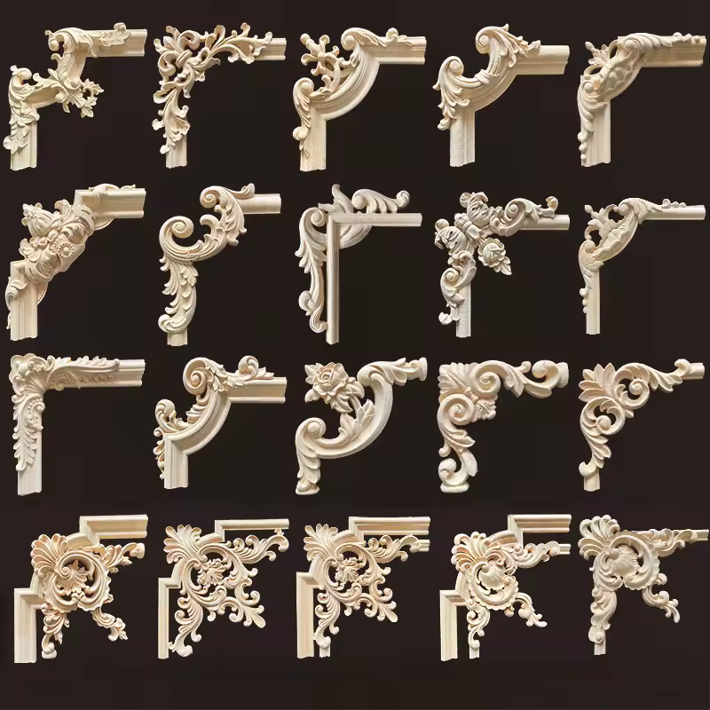Wood Applique Corner Natural Floral Wood Carved Figurine Craft Home Decoration Accessories Background Wall Decoration Decal