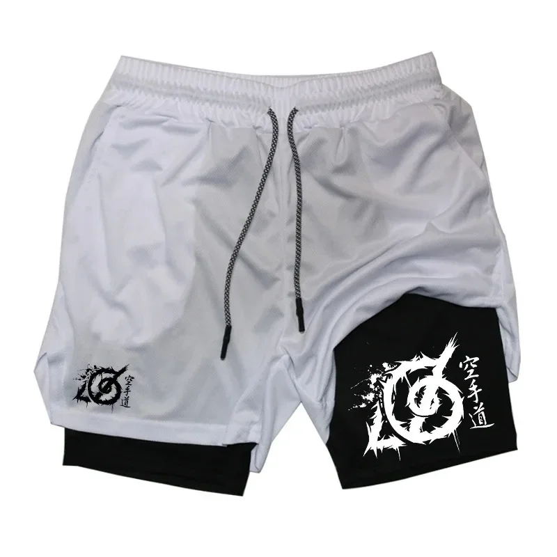 

Мужские шорты для бега с рисунком каратэ 2 в 1, спортивные спортивные шорты для спортзала с компрессионной подкладкой, карман для телефона, петля для полотенец