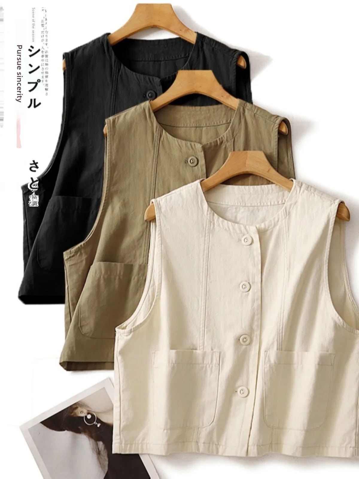 

Retro Japanese Sle Loose Women's Vest Top Summer Outerwear with kets Single Button Closure Svel Commute Sle