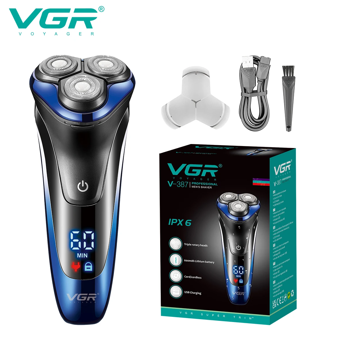 VGR 387 Wet Dry Electric Shaver For Men Rotary Beard Electric Razor Shaving Machine Grooming Kit Rechargeable LCD Display