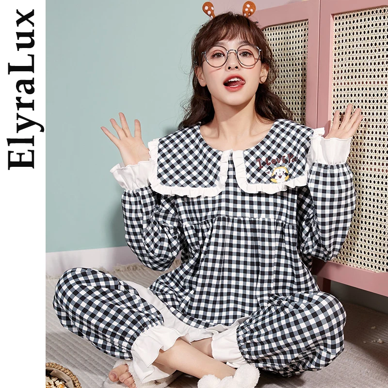 

ElyraLux Women's Loose Comfortable Plaid Lace Home Casual Clothes Korean Style Pajama Spring Autumn Skin-friendly Sleepwear Sets