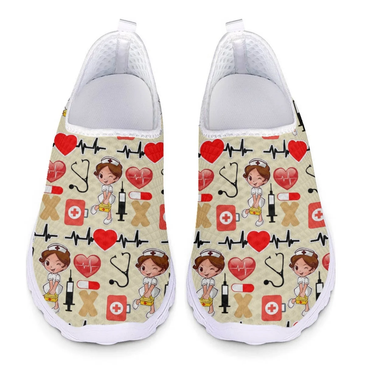 New Nurse Shoes Yellow Print Nurse Girls First Aid Design Flat Shoes for Teen Girls Summer Breathable Air Loafers Zapatos Mujer