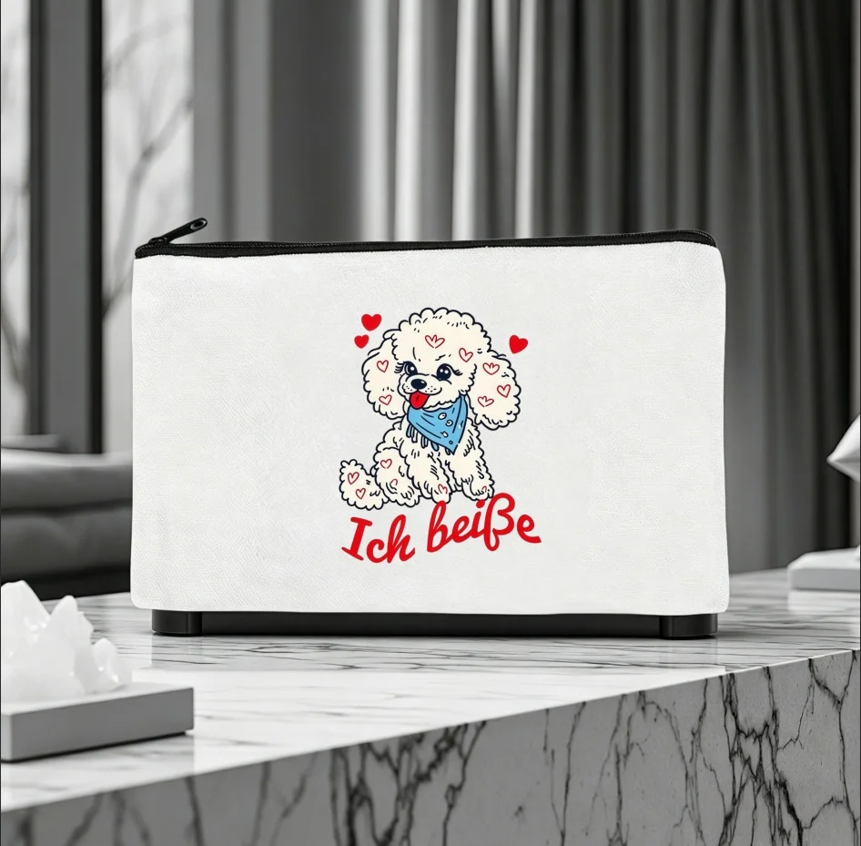 1PC Double-sided Canvas Pouch Heart Poodle Dog Zipper Cosmetic Storage Bag