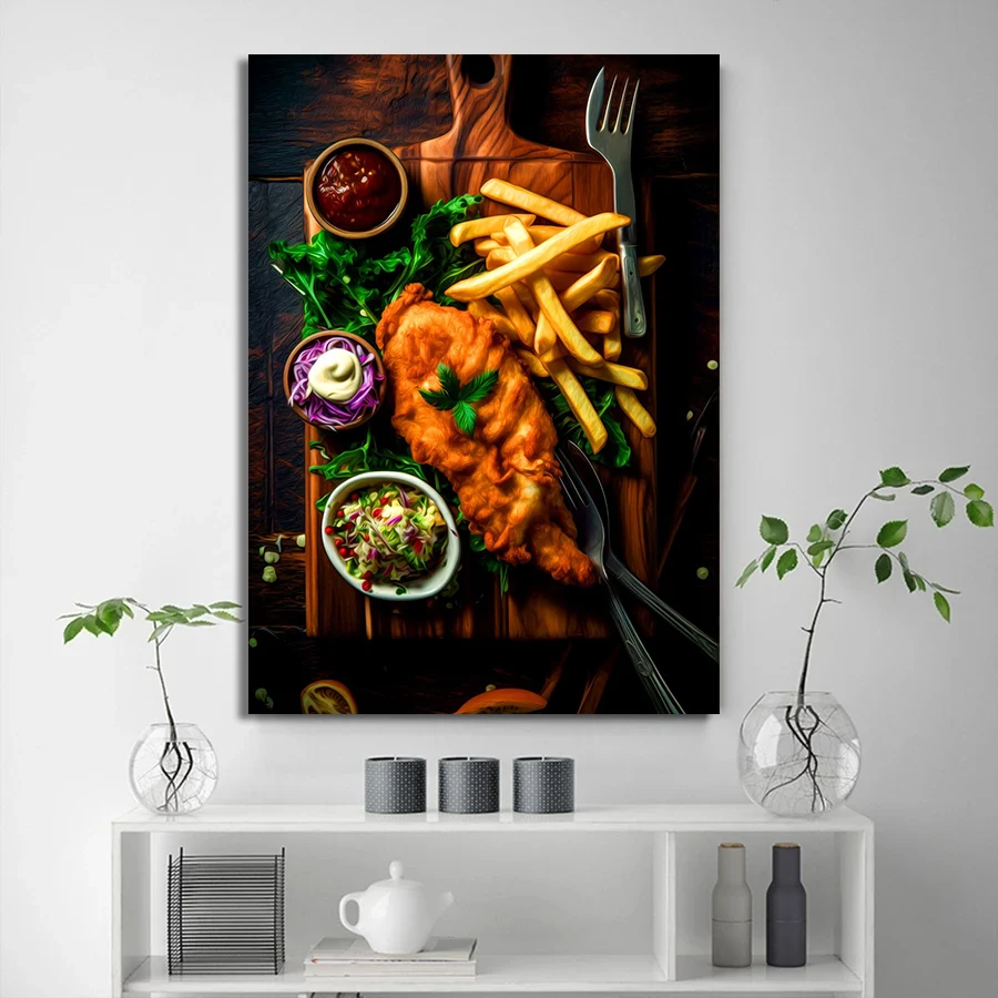 Western Food Hamburger Steak Chips Salmon French Fries Dessert Poster Canvas Painting Wall Art Pictures Kitchen Restaurant Decor view 5