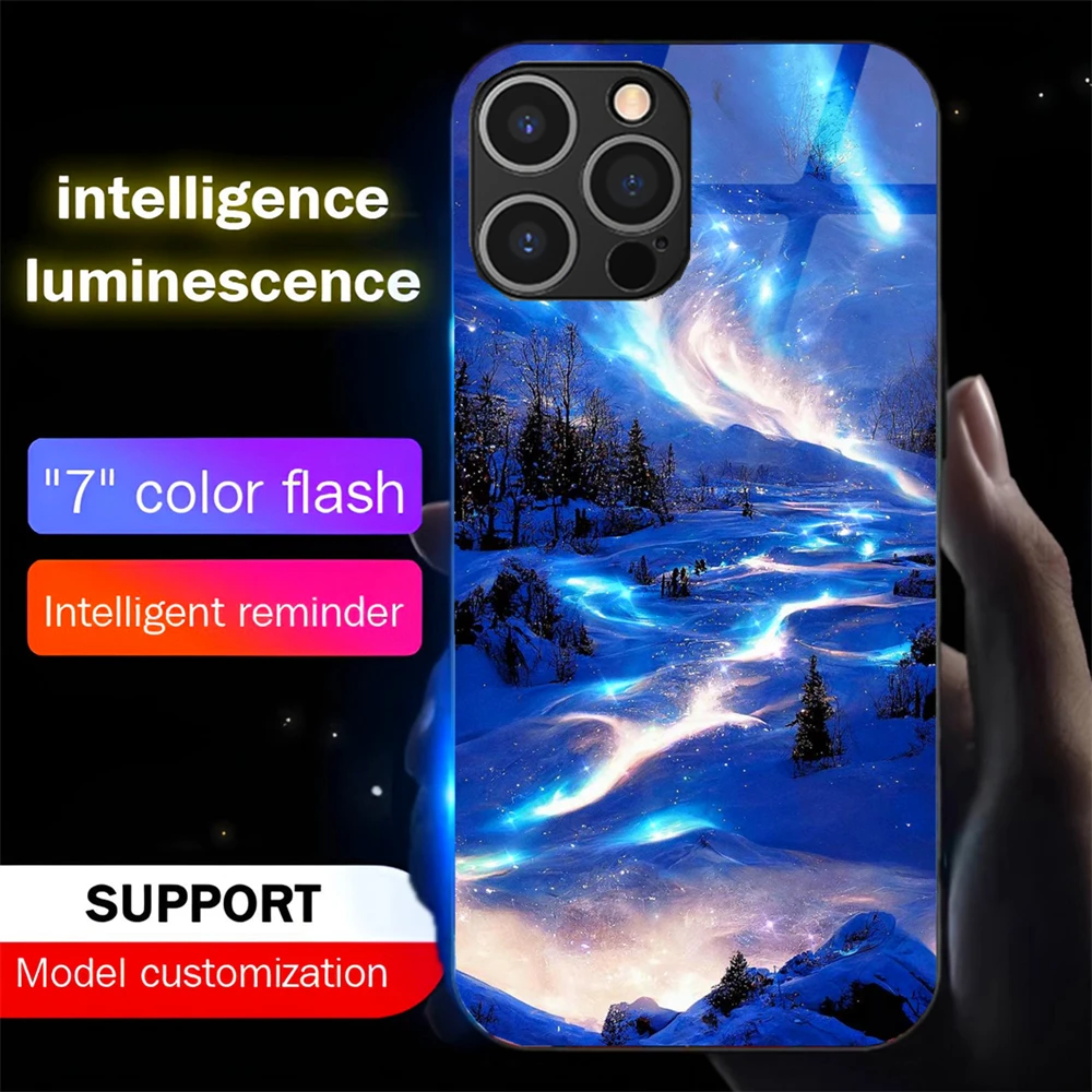 

2025 Pretty Galaxy Beach Sound Control LED Flash Cases Luminous Glass Cover For iPhone 16 E 15 14 13 12 11 Pro Max X XR XS SE
