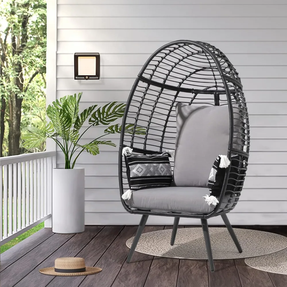 

Wicker Egg Chair, Oversized Indoor Outdoor Lounger Large Egg Basket Chair with Stand and Cushions for Patio Porch, Backyar