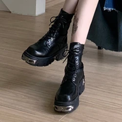 Punk Style Platform Women Ankle Boots Women's Motorcycle  Boot Fashion Ladies Chunky Shoes Metal Decor Black BIG Size