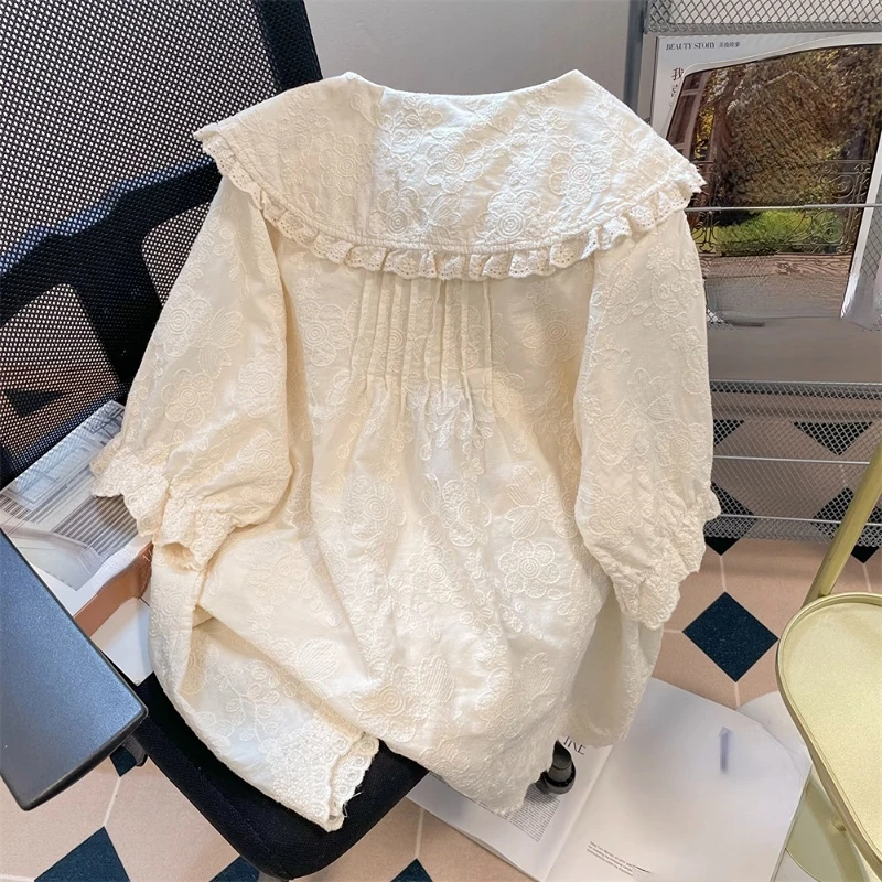 French Vintage Shirts Small Fragrance Peter Pan Collar Puff Sleeve Blouses Ruffles Lace Up Flower Embroidery Sweet Women Tops