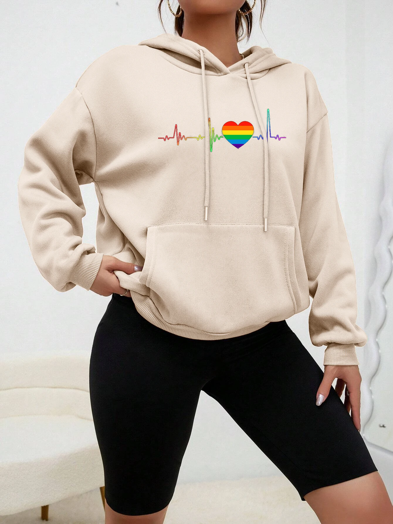 A Beating Color Heart Electrocardiogram Printed Hoodies Women Hip Hop Loose  Sweatshirt Autumn Fashion Clothes Casual Pullover