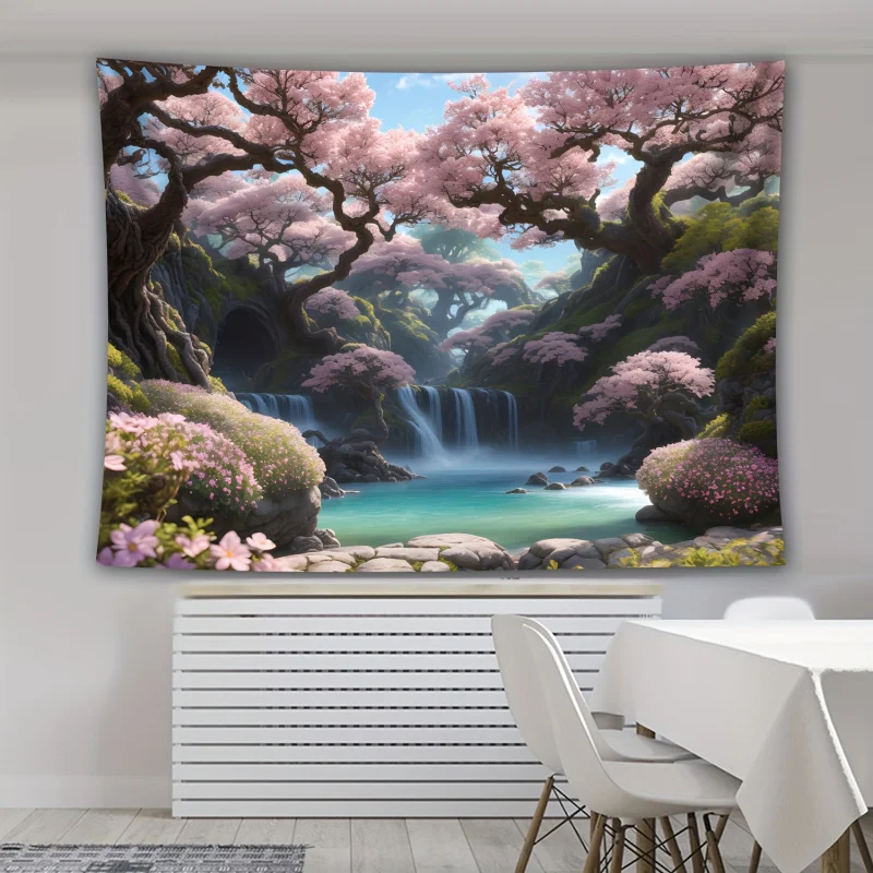 VIKAMA Dreamy Cherry Blossom Waterfall Tapestry Japanese Healing Wonderland Wall Hanging Decor for Bedroom Homestay