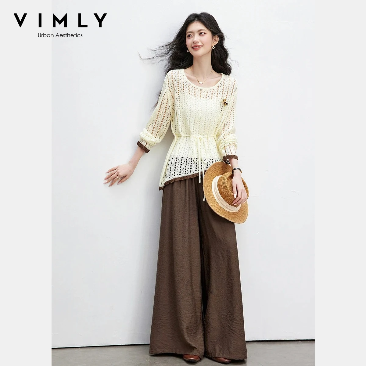 VIMLY Women's Knit Two-Piece Set 2026 Spring New Fashion Color Block Hollow Out Knit Top Wide Leg Pants Female Casual Wear 30627