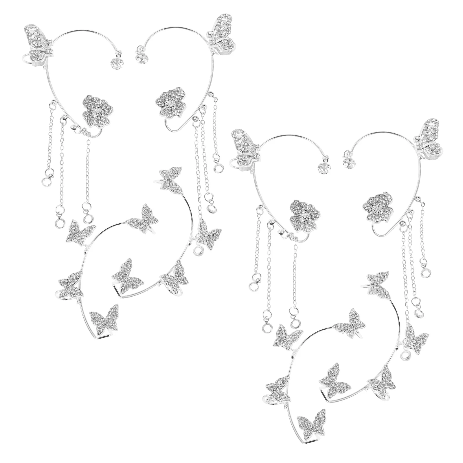 

8pcs Butterfly Cuffs Non Piercing Rhinestone Clip On Wrap Around Lightweight Silver Dangle Earrings For Women Fashion Jewelry