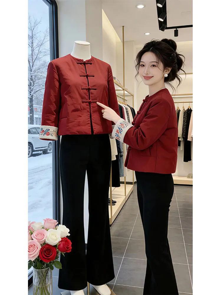 

Красное китайское женское пуховое хлопковое пальто новогодняя мода свободного кроя в Корейском стиле с пуговицами Thiened