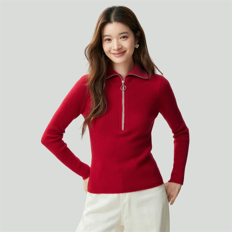 Women's 100% Cashmere Sweater Pullover Polo Collar Partial Zip Front Compact Vertical Rib Construction Slim‑Fit Casual Knit Top